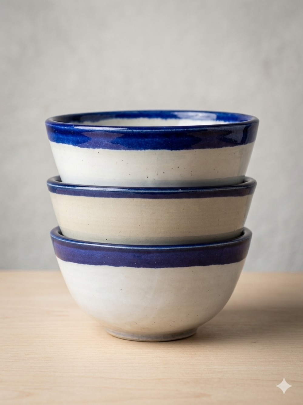 VTG Japanese Studio Pottery Bowls - Set of 3 Cobalt Blue Rim Speckled Stoneware